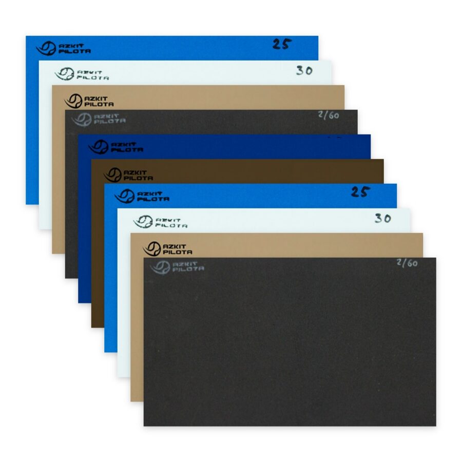 Diez planchas Azkitpilota en cascada en azul mediterráneo, blanco, beige, negro, azul oscuro y marrón oscuro